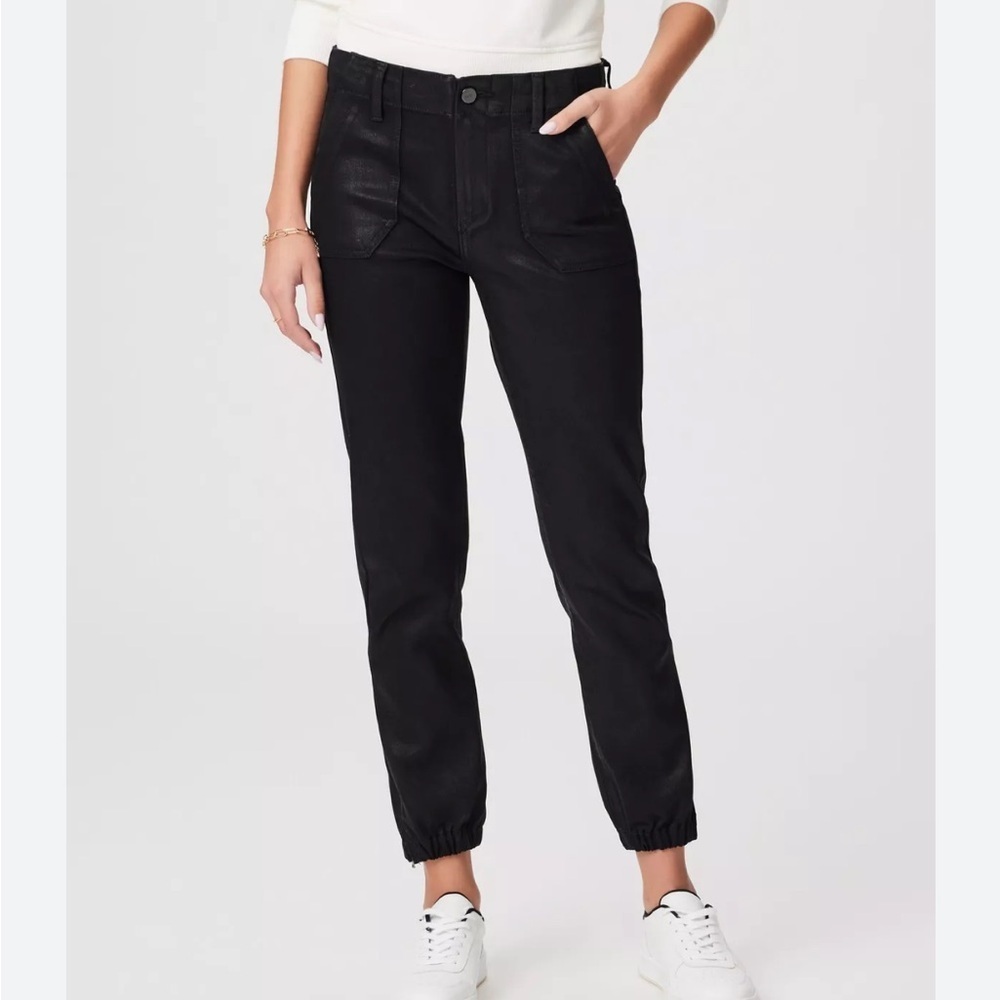 Paige Mayslie Coated Denim Joggers in Black